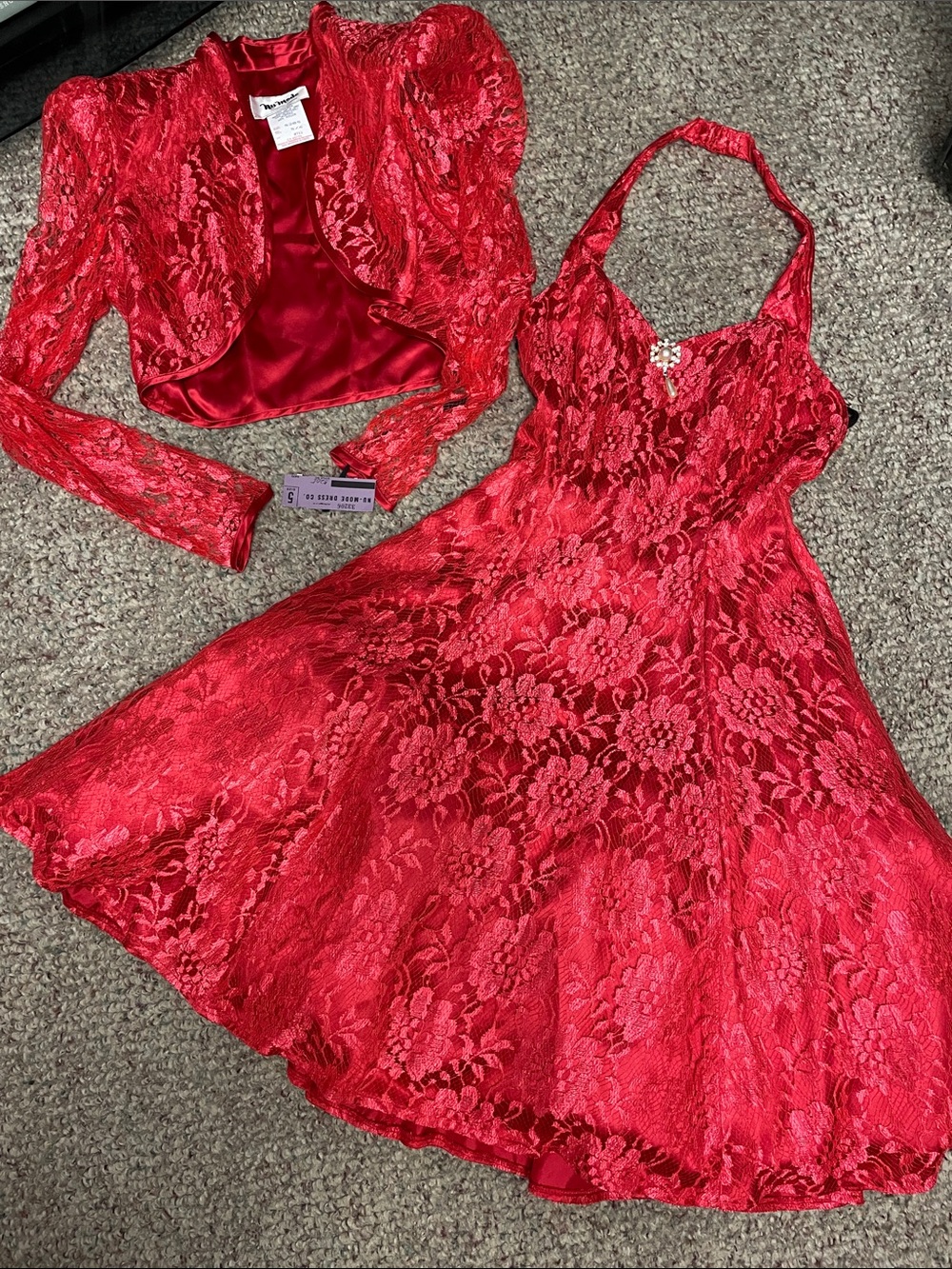 Vintage 90s Red Lace Halter Dress with Diamond bust & Matching cropped blazer